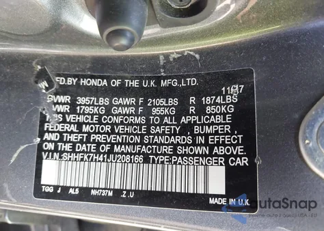 2018 Honda Civic Sport из США, поврежденный, VIN SHHFK7H41JU208166